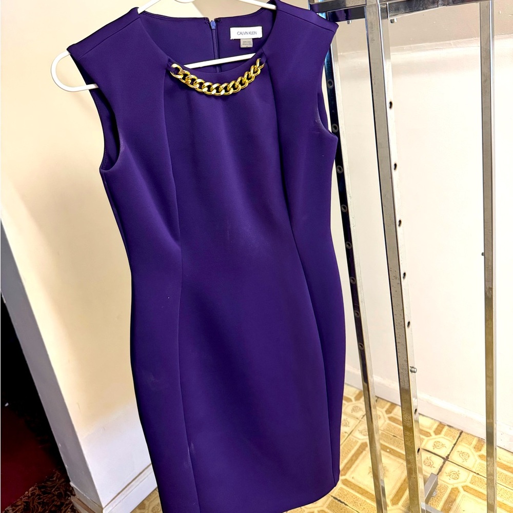 Calvin Klein Purple Dress with Gold Necklace Collar